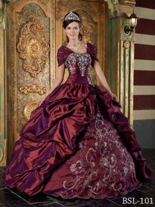 Embroidery Beaded Pick-ups Sweet Sixteen Dress in Burgundy