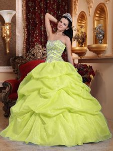 Yellow Pick-ups Beaded Corset Back Dresses For Quinceanera