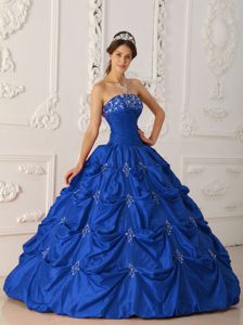 Beaded Taffeta Appliques Ruche Sweet 16 Dress in Royal Blue