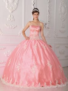 Strapless Lace Appliques Watermelon Quinceanera Gown Ruched