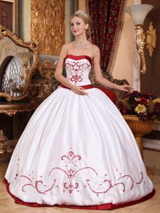 White and Red Satin Embroidery Quinceanera Dress for Cheap