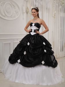 Black and White Beaded Dress For Quinceanera with Pick-ups
