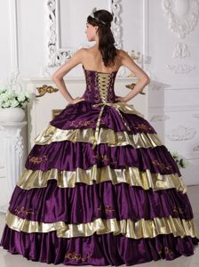 Embroidery Taffeta Quinceanera Dress in Purple and Gold