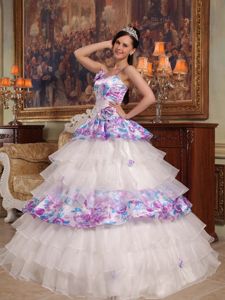 Straps Printing Organza Hand Made Flower Quinceanera Dress