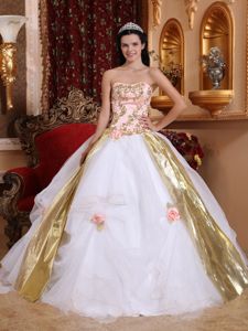 White Appliques Quinceanera Gown Beaded with Gold Ribbons