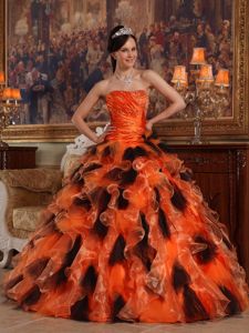 Black and Orange Ruche Organza Joan Jetts Quinceanera Dresses with Ruffles
