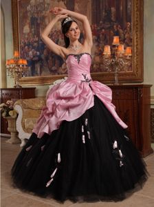 Rose Pink and Black Tulle Hand Made Flowers Sweet 16 Dress