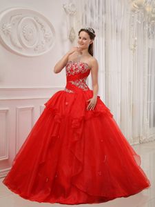 Ruffled Red Strapless Appliques Quinceanera Gown under 250