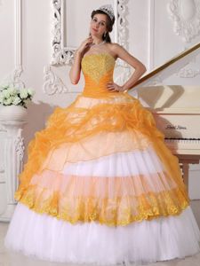Orange and White Layered Quinceanera Gowns with Appliques