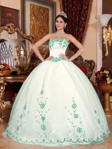 Embroidery White Organza Strapless Quinceanera Dress 2013