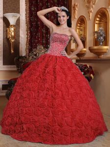 Rolling Flowers Overlay Red Quinceanera Gown with Beadings