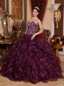 2013 Dark Purple Sweetheart Ruffles Sequined Quince Dress