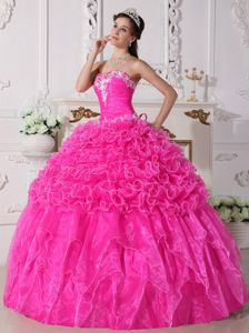 Organza Pink Strapless Beaded Embroidery Quinceanera Gown