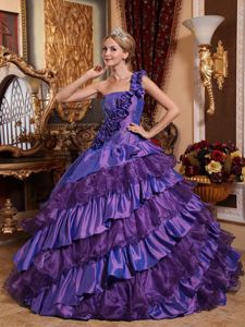 Ruffled Floral One Shoulder Purple Quinceanera Dresses with Asymmetrical Ruffles
