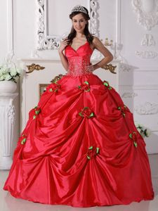 Red Spaghetti Straps Beading Pick-ups Quinceanera Dress with Hand Made Flowers