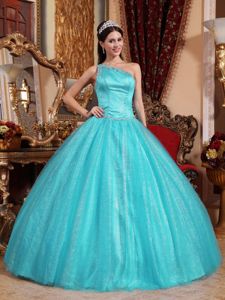 Turquoise Beaded Single Shoulder Dresses For 15 with Beading Belt