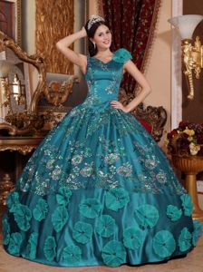V-neck Beading and Embroidery Puffy Sweet 16 Gowns in Teal for Film Festival