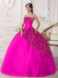 Hot Pink Strapless Beading and Ruched Puffy Sweet 16 Gowns