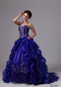 Embroidery Pick-ups Sweep Train Dress for Quinceanera in Purple