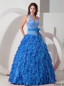 Halter Floor-length Embroidery Blue Sweet 15 Dresses with Ruffles