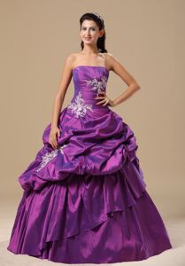 Appliques Pick-ups Purple Strapless Quinceanera Gown Dresses