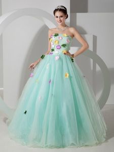 Apple Green A-line Strapless Sweet 15 Dresses with Hand Made Flowers