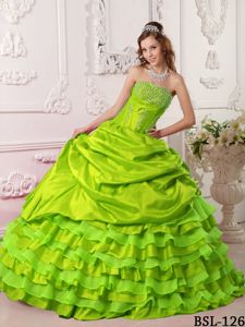 Yellow Green Strapless Beading Dresses For a Quinceanera with Ruffles