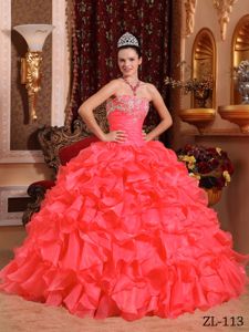 Coral Red Strapless Beading and Appliques Dresses For a Quince