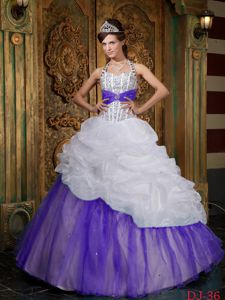 White and Purple Beaded Halter Quinceanera Gowns with Pick-ups