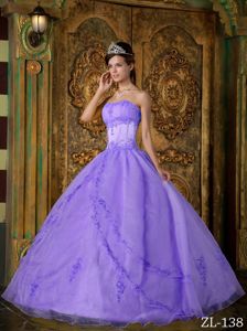 Lavender Strapless Floor-length Appliques Quinceanera Dress