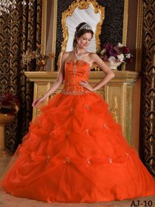 Puffy Beading Orange Floor-length Pick-ups Tulle Dresses Of 15