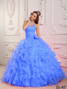 Beading Sweetheart Ruffles and Hand Made Flower Blue Quinces Dresses