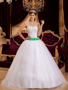 Sash White Appliques and Beading Satin Quinceanera Gown Dresses