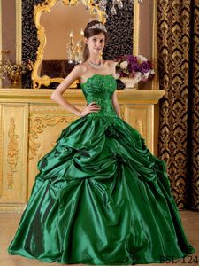 Hunter Green Appliques Strapless Quinceanera Dress with Pick-ups