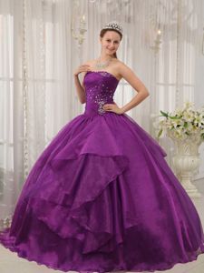 Latest Ruching Purple Beading and Layers Organza Quinceneara Dresses