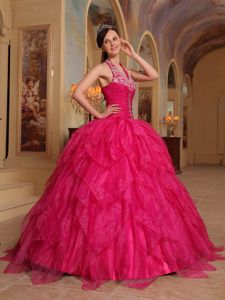 Embroidery Halter Red Floor-length Organza Layers Sweet 15 Dresses