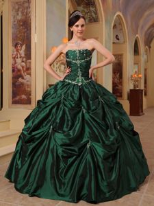 Beading and Ruche Hunter Green Strapless Taffeta Dresses For a Quince