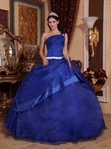 One Shoulder Royal Blue Floor-length Beading Quinceanera Dress Designer