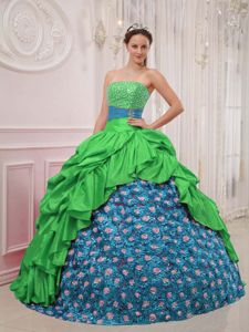 New Arrival Ruching Green and Blue Beading Taffeta Dresses For 15