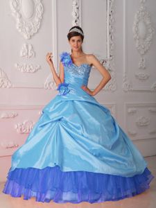 Blue One Shoulder Dresses 15 with Beading and Hand Made Flower