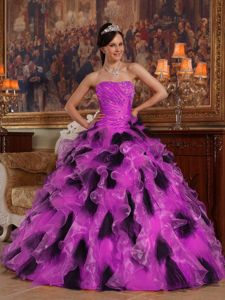 Make me a supermodel Fuchsia and Black Ruffles Quinceanera Dress with Ruche and Beading