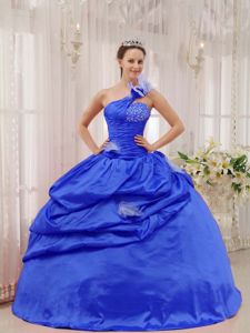 Ruching One Shoulder Blue Beading and Pick-ups Quinceanera Dress