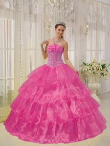 Hot Pink Hand Made Flowers and Beading Quinceanera Dress with Layers