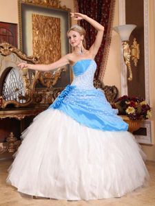 Hand Made Flowers and Beading Strapless Blue and White Quinceanera Dress