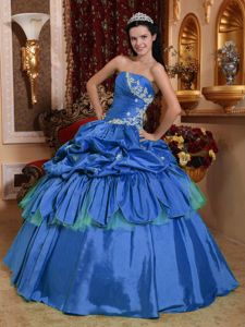 Blue Appliques and Ruche Taffeta Quinceanera Dress with Pick-ups