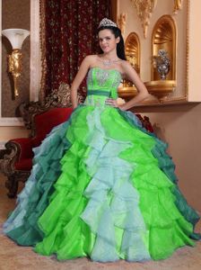 Beading and Appliques Sweetheart Multi-color Ruffles Quinceanera Dress