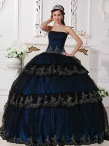 Appliques and Ruche Blue Floor-length Taffeta and Tulle Quinceanera Dress