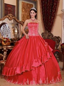 Coral Red Embroidery Strapless Quinceanera Dress in Satin and Taffeta
