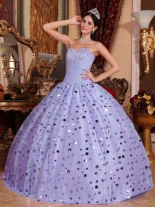 Beading and Ruche Sweetheart Tulle and Sequins Quinceanera Dress in Lilac