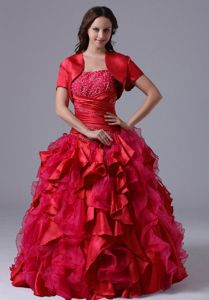 Banding and Ruche Red Quinceanera Dress With Ruffles and Jacket